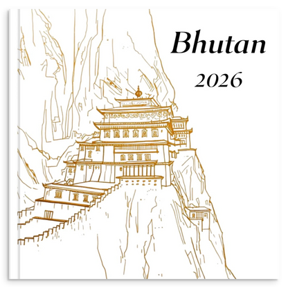 Bhutan travel photo book with gold line illustration inspired by Himalayan landscapes and monasteries