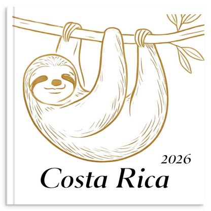 Costa Rica travel photo book with gold line illustration inspired by tropical wildlife and landscapes