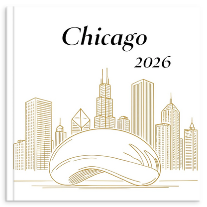Chicago travel photo book with gold line illustration inspired by the city's iconic architecture