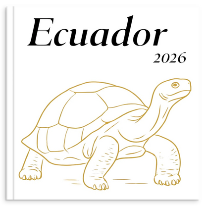 Ecuador travel photo book with gold line illustration inspired by Ecuadorian landscapes and wildlife
