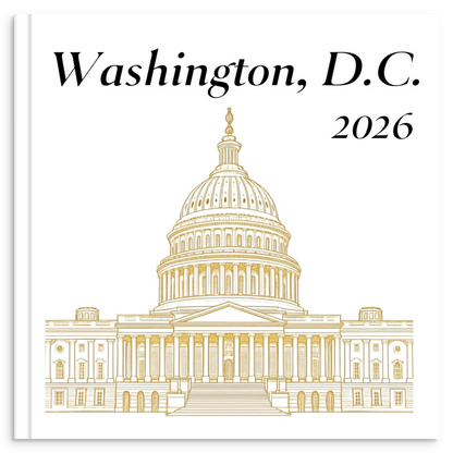Washington, D.C. travel photo book with gold line illustration of the United States Capitol