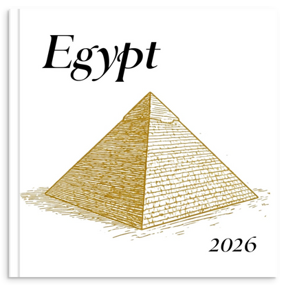Egypt travel photo book with gold line illustration inspired by ancient Egyptian landmarks