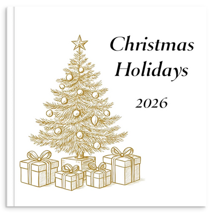 Christmas holiday photo book with gold line illustration inspired by festive travel and celebrations