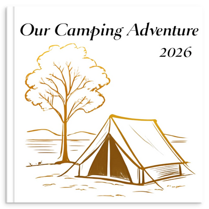 Camping adventure photo book with gold line illustration of a tent beside a lake and trees