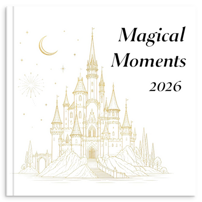 Magical Moments theme park travel photo book with gold line illustration of a fairytale castle and fireworks