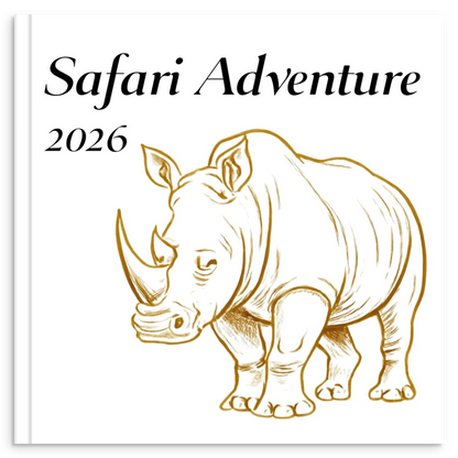 Safari adventure photo book with gold line illustration of a rhinoceros on the savannah