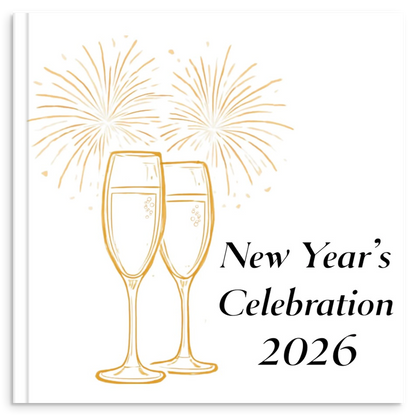 New Year's celebration photo book with gold line illustration of champagne flutes and fireworks