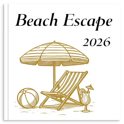 Beach escape photo book with gold line illustration inspired by tropical beaches and relaxing holidays