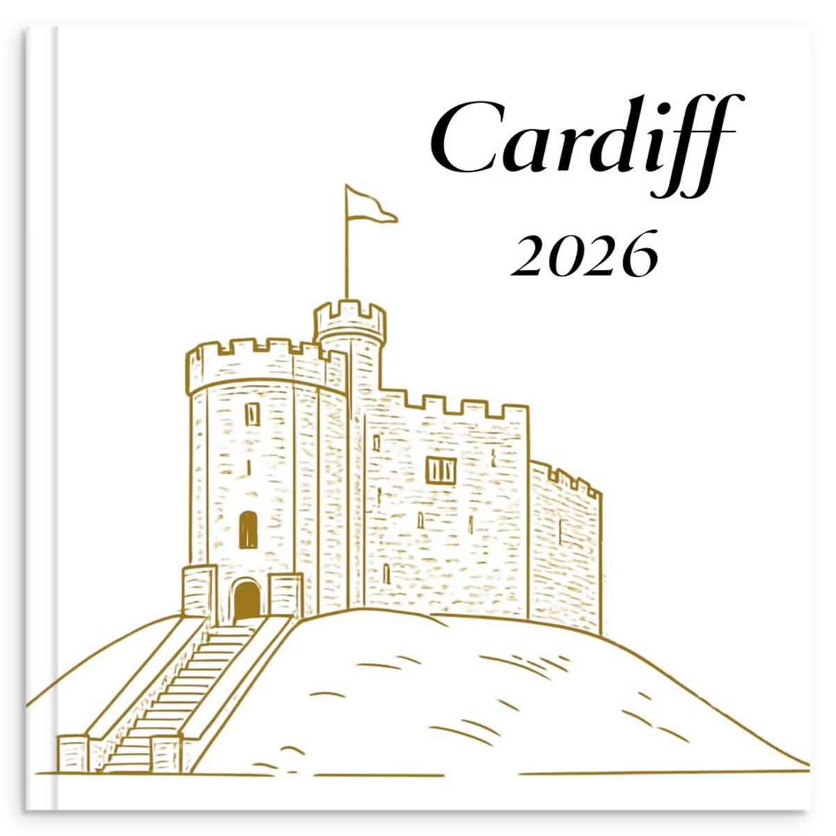 Cardiff travel photo book with gold line illustration inspired by Welsh landmarks and heritage