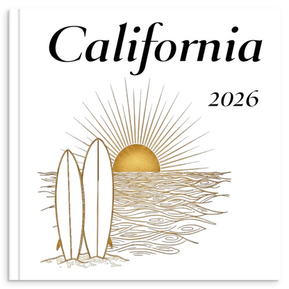 California travel photo book with gold line illustration inspired by its Pacific coastline