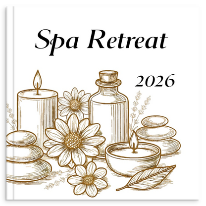 Spa retreat photo book with elegant gold line illustration inspired by relaxation and luxury escapes