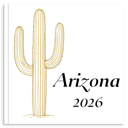 Arizona travel photo book with gold line illustration of its dramatic desert landscape