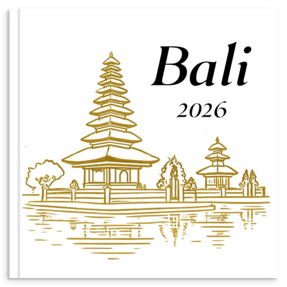 Bali travel photo book with gold line illustration inspired by Balinese tropical and cultural heritage