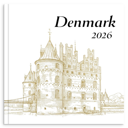 Denmark travel photo book with gold line illustration inspired by Danish architecture and Nordic design