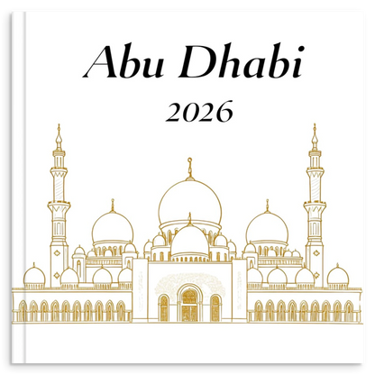 Abu Dhabi travel photo book with gold line illustration of Sheikh Zayed Grand Mosque