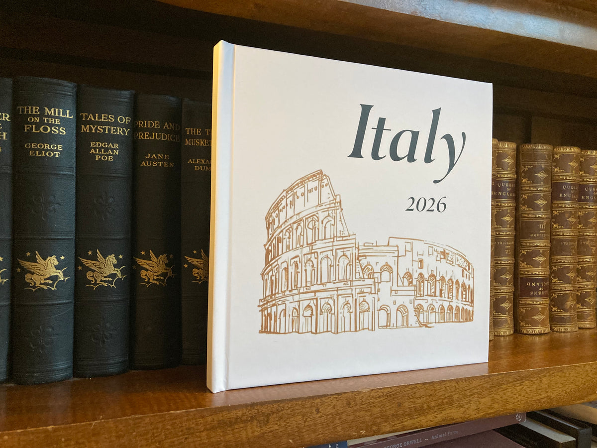 A hardcover travel photobook from There & Back Editions standing upright on a wooden bookshelf next to other antique-style books.