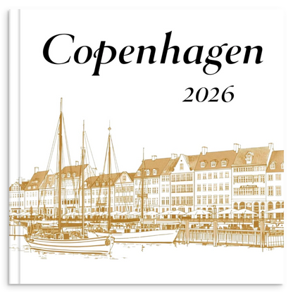 Copenhagen travel photo book with gold line illustration inspired by colourful waterfront architecture
