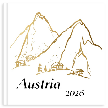 Austria travel photo book with gold line illustration inspired by alpine landscapes and Austrian heritage