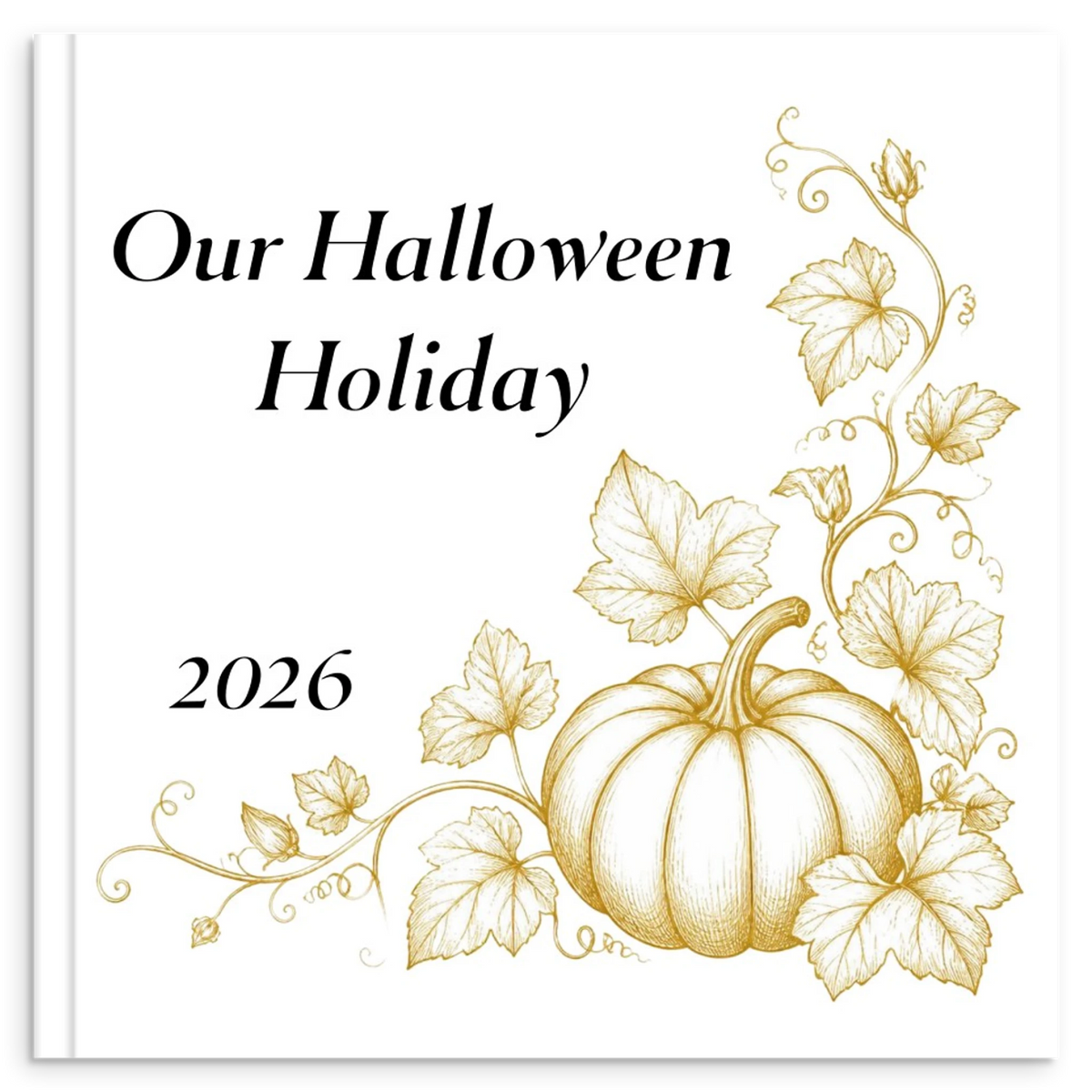 Halloween holiday photo book with gold line illustration of a pumpkin and vines