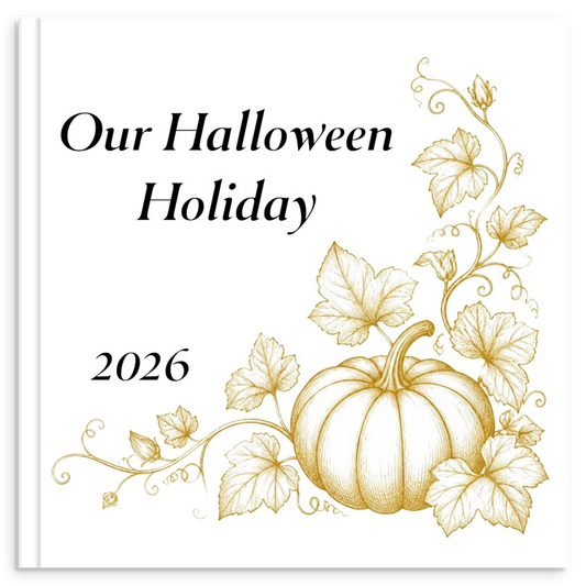Halloween holiday photo book with gold line illustration of a pumpkin and vines