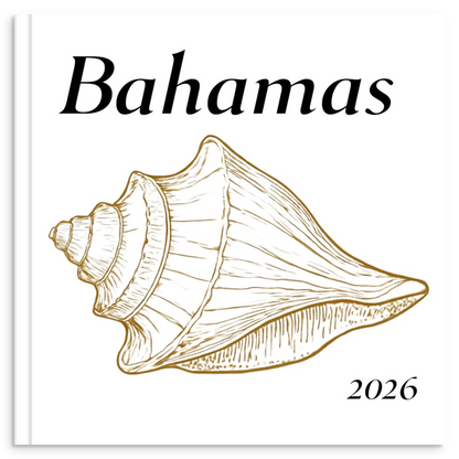 Bahamas travel photo book with gold line illustration of a conch shell