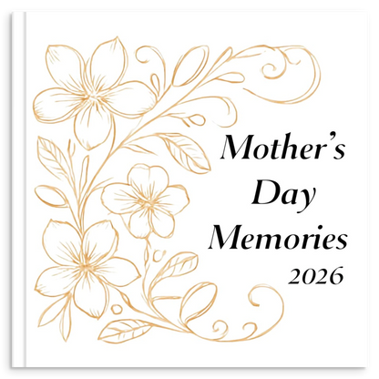 Mother's Day photo book with gold line illustration of elegant spring flowers and swirls