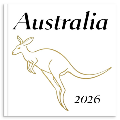 Australia travel photo book with gold line illustration inspired by Australian wildlife and landscapes