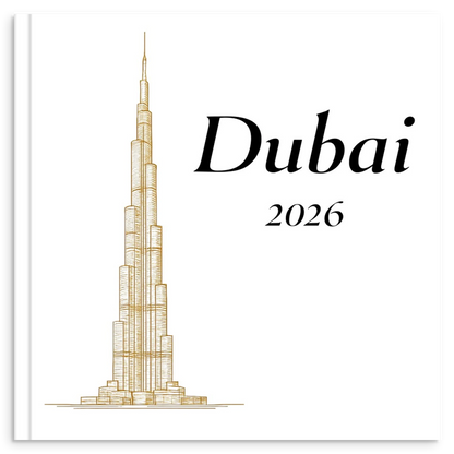 Dubai travel photo book with gold line illustration inspired by the city's iconic skyline