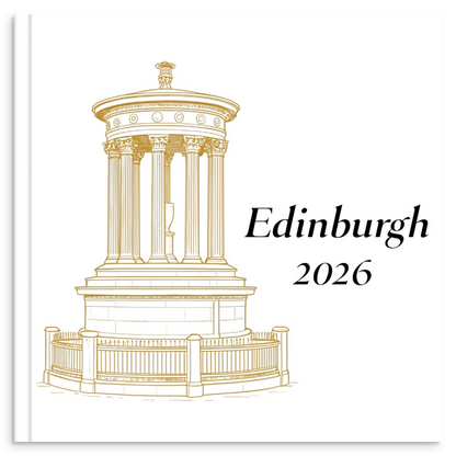 Edinburgh travel photo book with gold line illustration inspired by Edinburgh Castle and historic streets