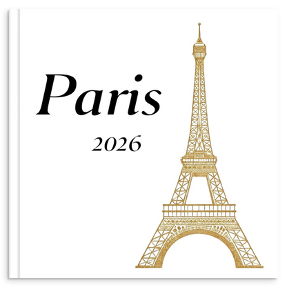 Paris travel photo book with gold line illustration inspired by iconic Parisian landmarks